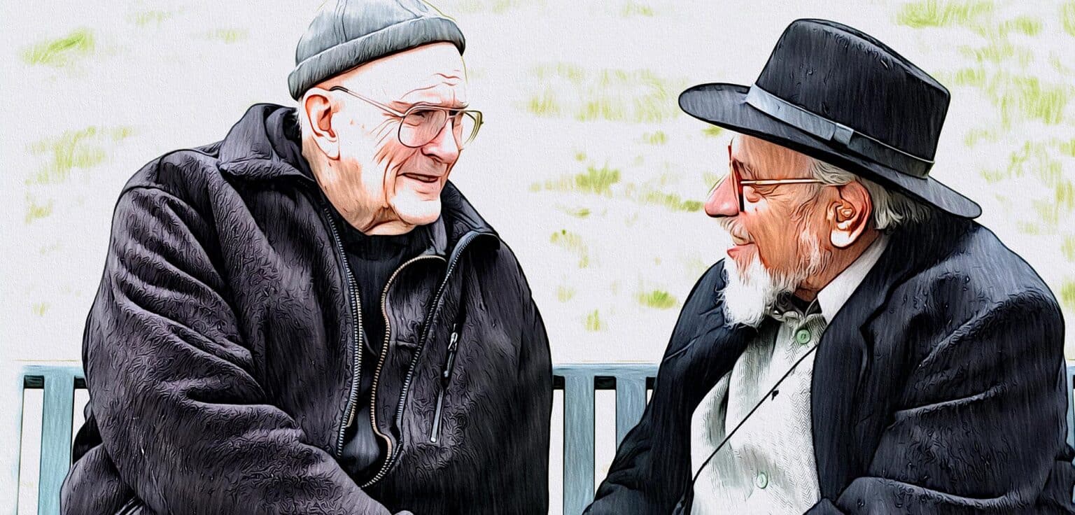 Thomas Keating & Rabbi Zalman Schachter-Shalomi on a bench