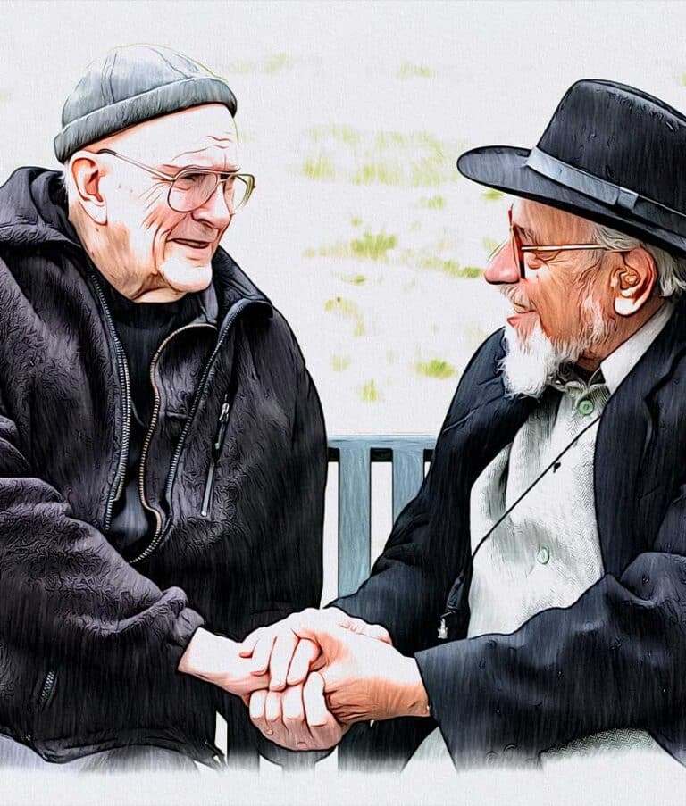 Thomas Keating & Rabbi Zalman Schachter-Shalomi facing each other and holding hands on a bench